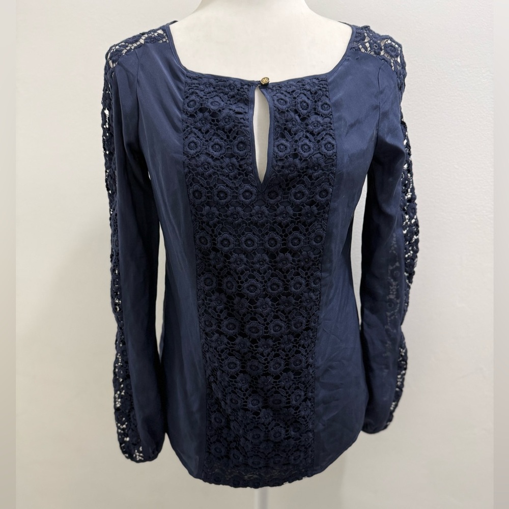 Tory Burch Dark Blue Sheer Blouse Top Size 4 Long Sleeve Lace Floral Detailing